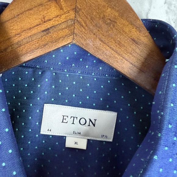 ETON Slim Fit Navy Blue Mint Green Polka Dot Button Up Dress Shirt Mens 17.5 NWT - Picture 4 of 11